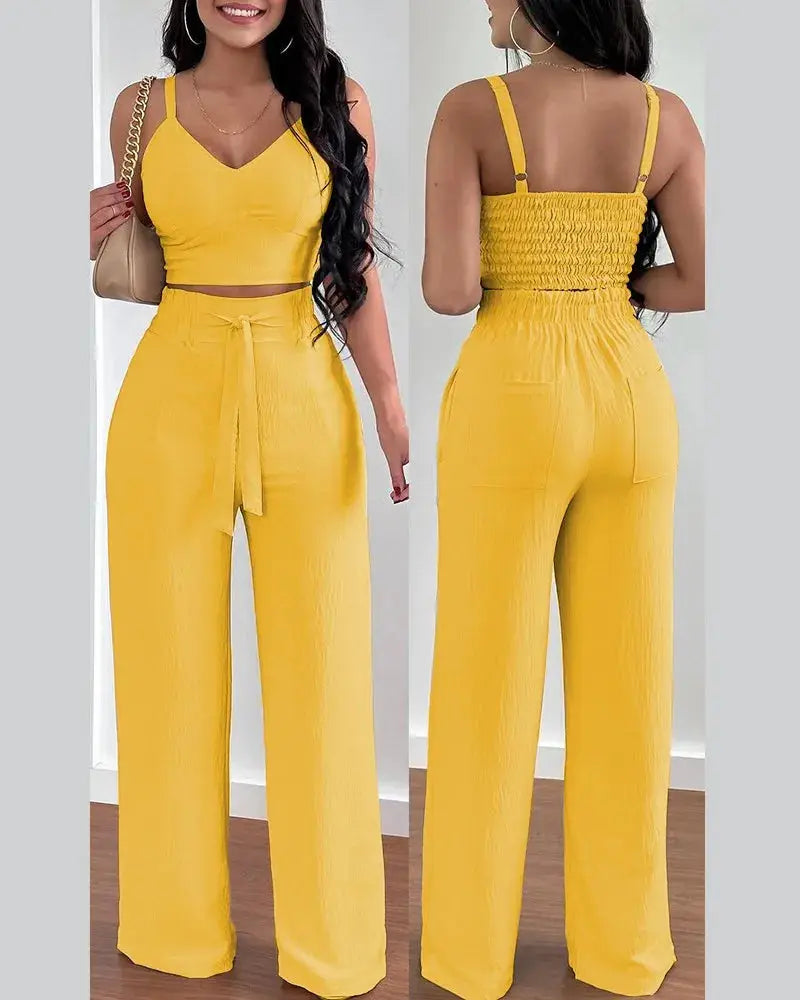 V-Neck Slim Crop Top & Lace-up Wide Leg Pants Elegant Sets Favela Runner
