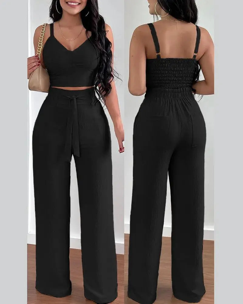 V-Neck Slim Crop Top & Lace-up Wide Leg Pants Elegant Sets Favela Runner