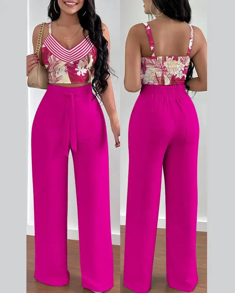 V-Neck Slim Crop Top & Lace-up Wide Leg Pants Elegant Sets Favela Runner