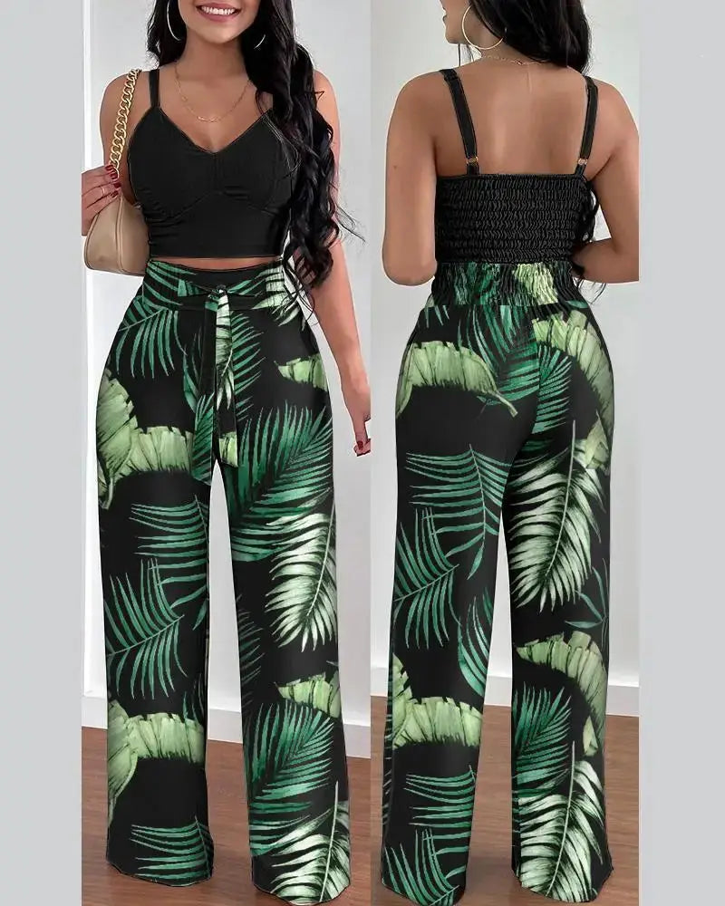 V-Neck Slim Crop Top & Lace-up Wide Leg Pants Elegant Sets Favela Runner
