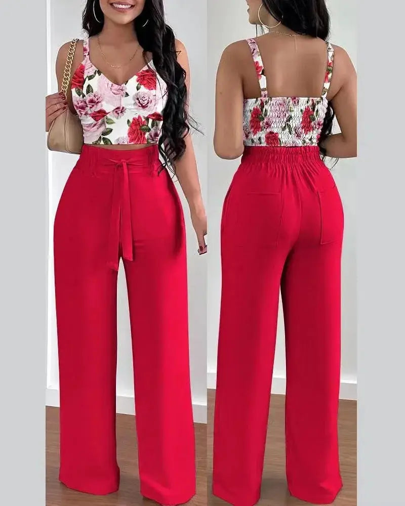 V-Neck Slim Crop Top & Lace-up Wide Leg Pants Elegant Sets Favela Runner