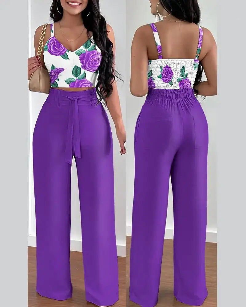 V-Neck Slim Crop Top & Lace-up Wide Leg Pants Elegant Sets Favela Runner