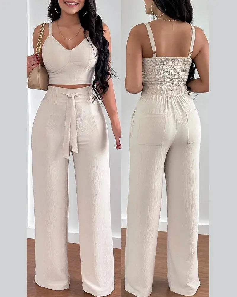 V-Neck Slim Crop Top & Lace-up Wide Leg Pants Elegant Sets Favela Runner